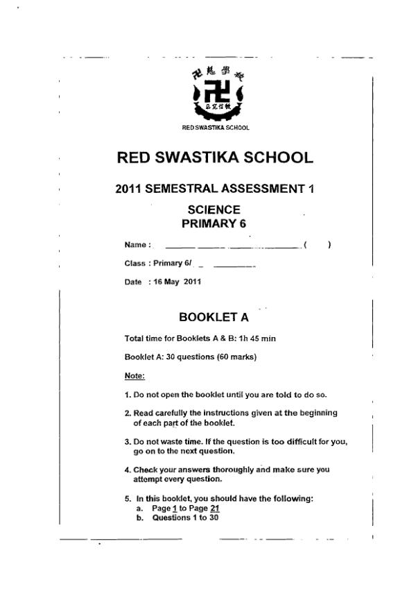 Red Swastika P6 Sci WA2 2011 exam paper PDF preview