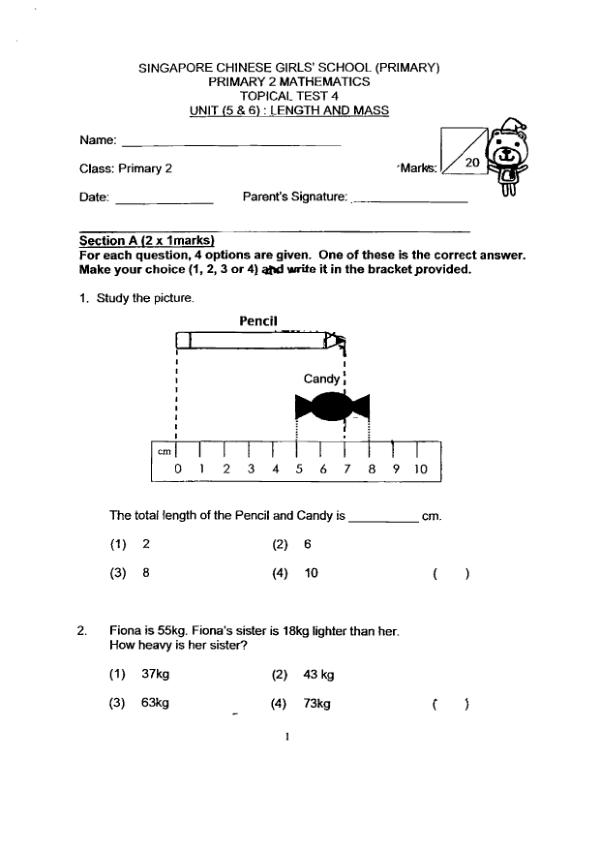 First page preview of P2 Math 2016 WA1 — Singapore Chinese Girls