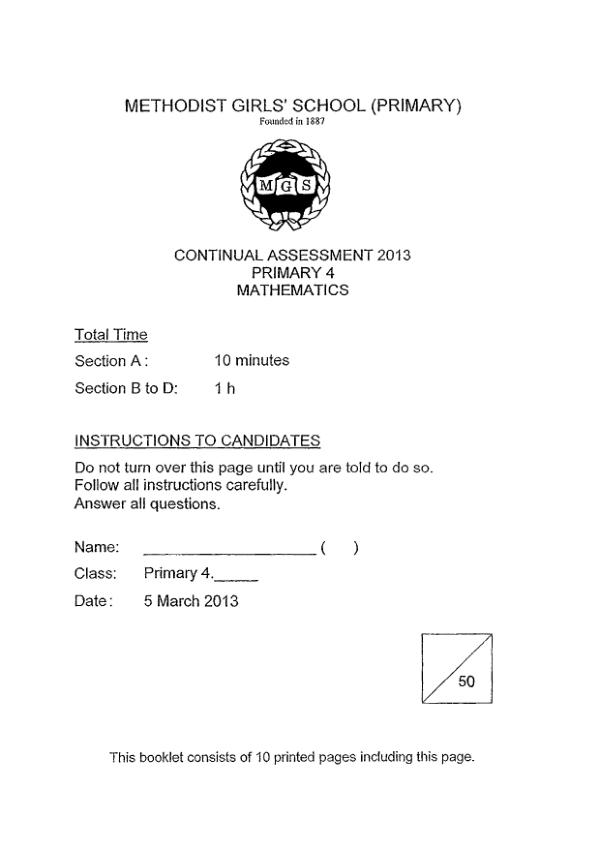 Methodist Girls P4 Math WA1 2013 exam paper PDF preview