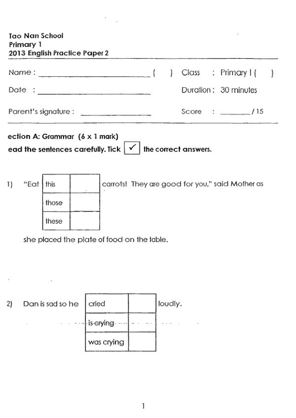 Tao Nan P1 Eng WA2 2013 exam paper PDF preview