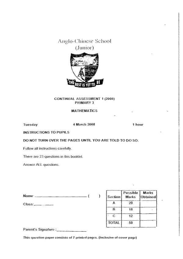 Anglo Chinese P3 Math WA1 2008 exam paper PDF preview