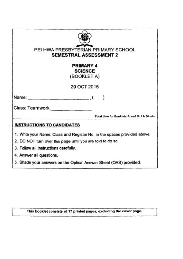 Pei Hwa P4 Sci SA2 2015 exam paper PDF first page preview
