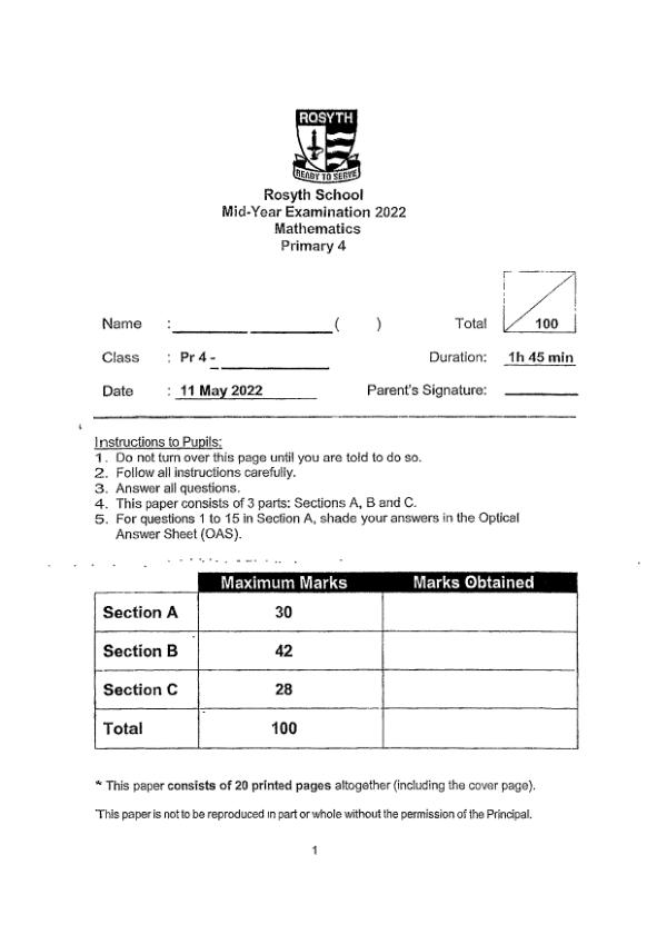 First page preview of P4 Math 2022 WA2 — Rosyth