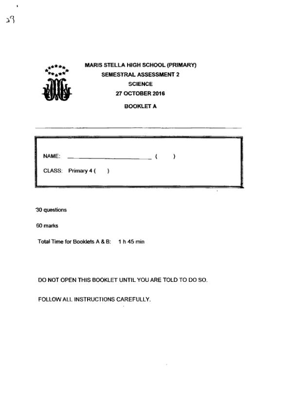 Maris Stella High P4 Sci SA2 2016 exam paper PDF first page preview