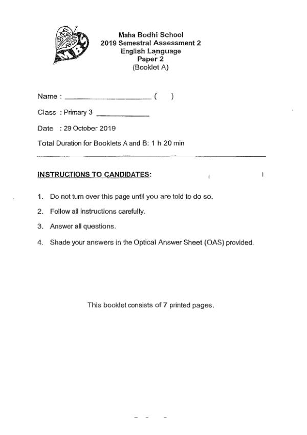 Maha Bodhi P3 Eng SA2 2019 exam paper PDF first page preview