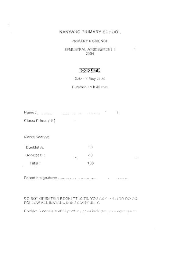 Nanyang P6 Sci WA2 2004 exam paper PDF preview