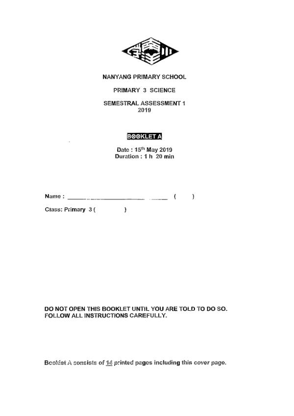 Nanyang P3 Sci WA2 2019 exam paper PDF first page preview