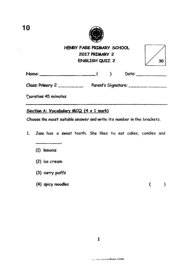 Henry Park P2 Eng WA2 2017 exam paper PDF first page preview