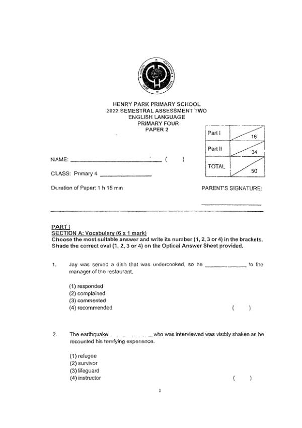 Henry Park P4 Eng SA2 2022 exam paper PDF first page preview