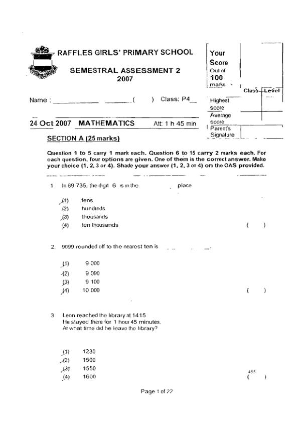 Raffles Girls P4 Math SA2 2007 exam paper PDF preview