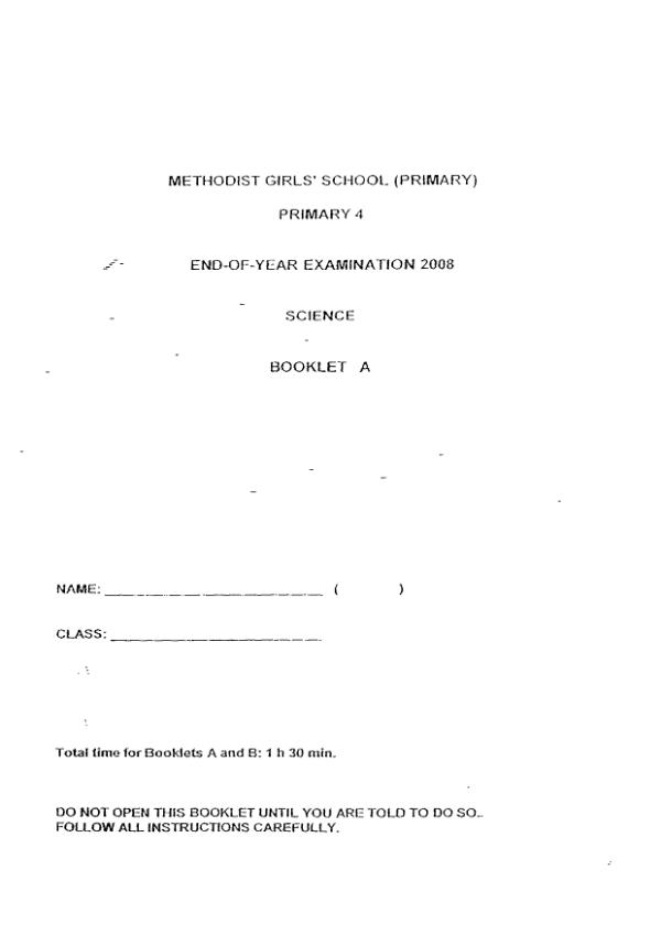 Methodist Girls P4 Sci SA2 2008 exam paper PDF preview