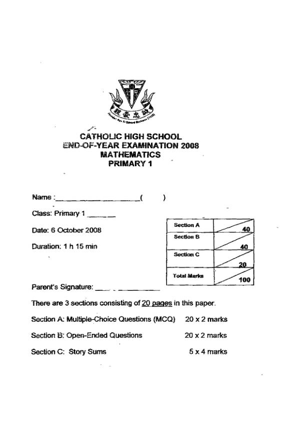 Catholic High P1 Math SA2 2008 exam paper PDF preview