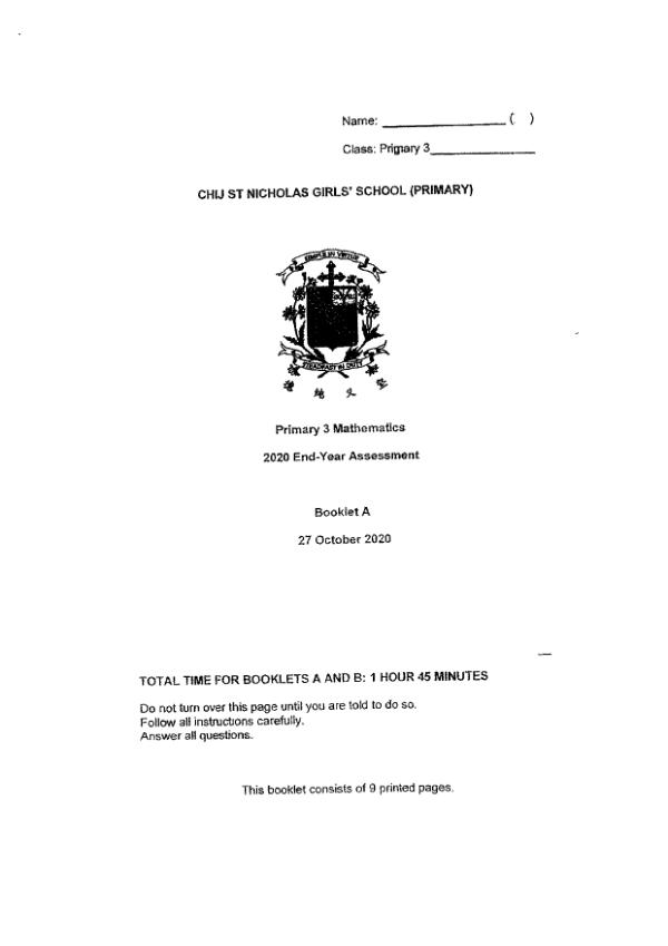 First page preview of P3 Math 2020 SA2 — CHIJ