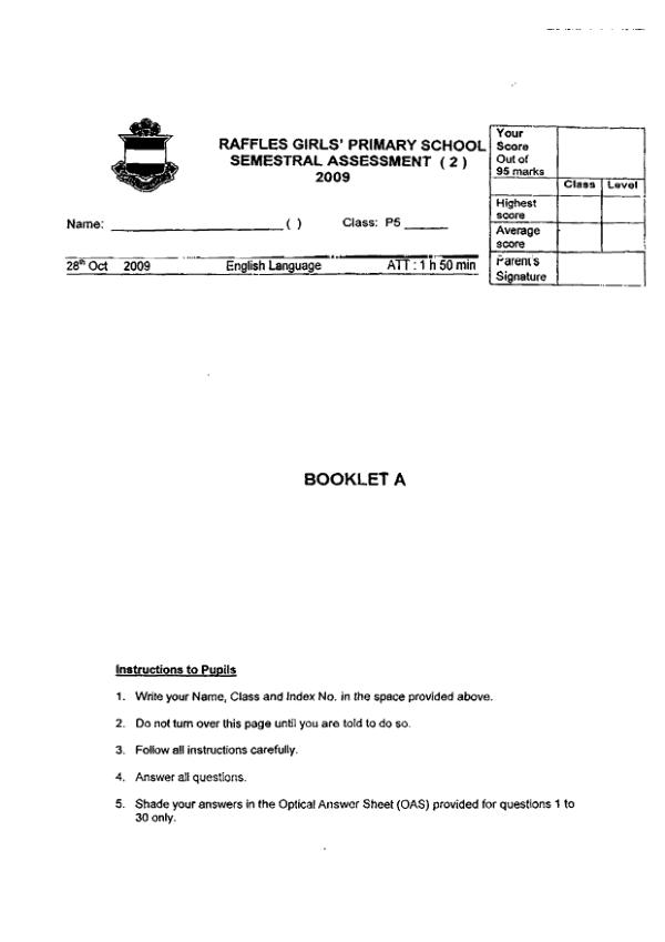 Raffles Girls P5 Eng SA2 2009 exam paper PDF first page preview