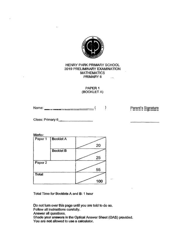 First page preview of P6 Math 2019 SA2 — Henry Park