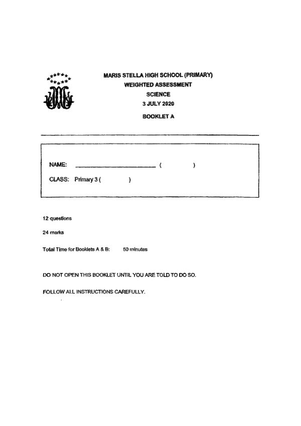 Maris Stella High P3 Sci WA3 2020 exam paper PDF preview