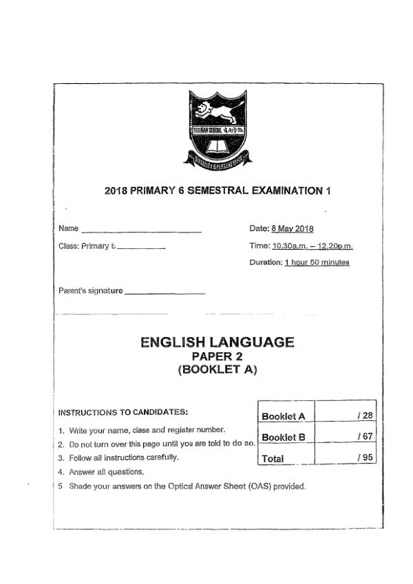 Tao Nan P6 Eng WA2 2018 exam paper PDF preview