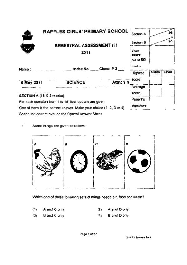 Raffles Girls P3 Sci WA2 2011 exam paper PDF first page preview