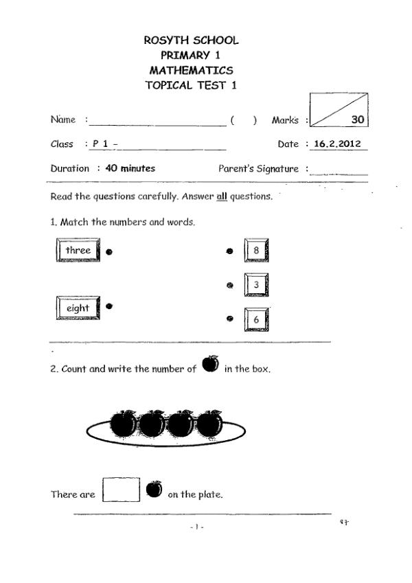 Rosyth P1 Math WA1 2012 exam paper PDF preview