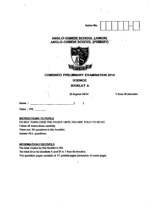 Anglo Chinese P6 Sci SA2 2014 exam paper PDF first page preview