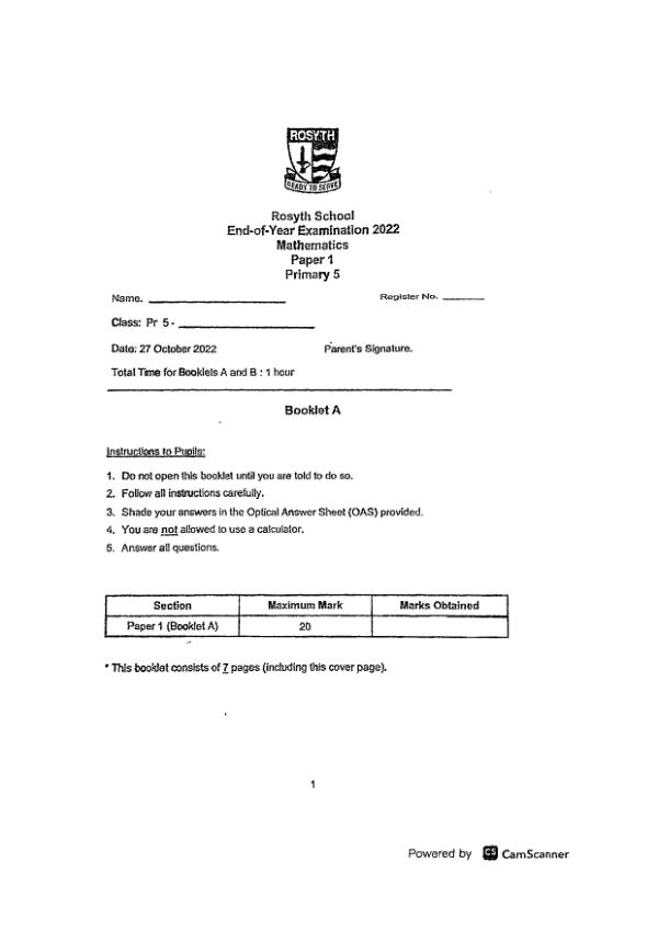 First page preview of P5 Math 2022 SA2 — Rosyth