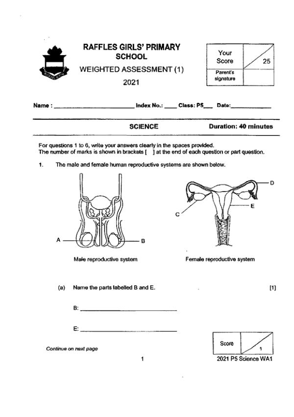 Raffles Girls P5 Sci WA1 2021 exam paper PDF first page preview