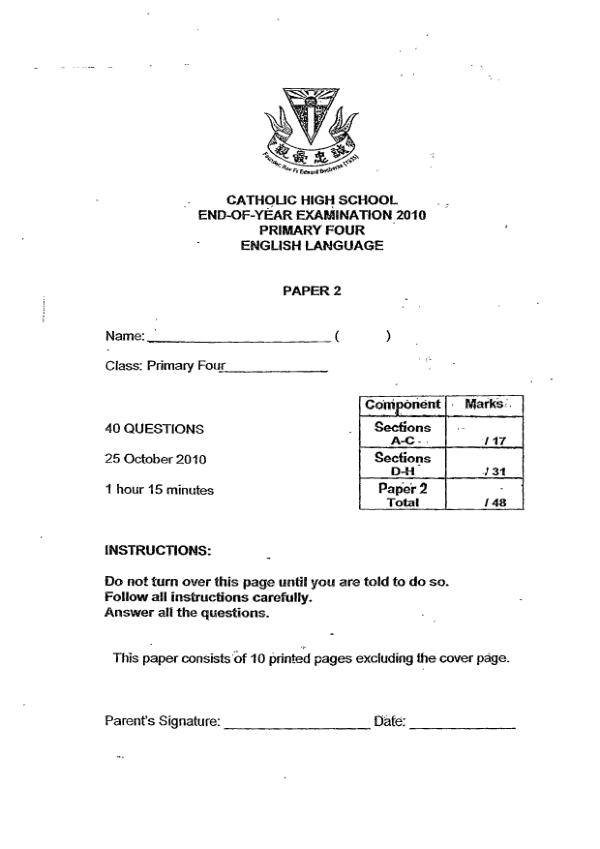 Catholic High P4 Eng SA2 2010 exam paper PDF preview