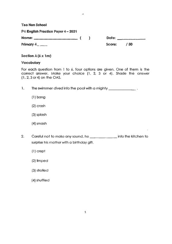 Tao Nan P4 Eng WA1 2021 exam paper PDF first page preview