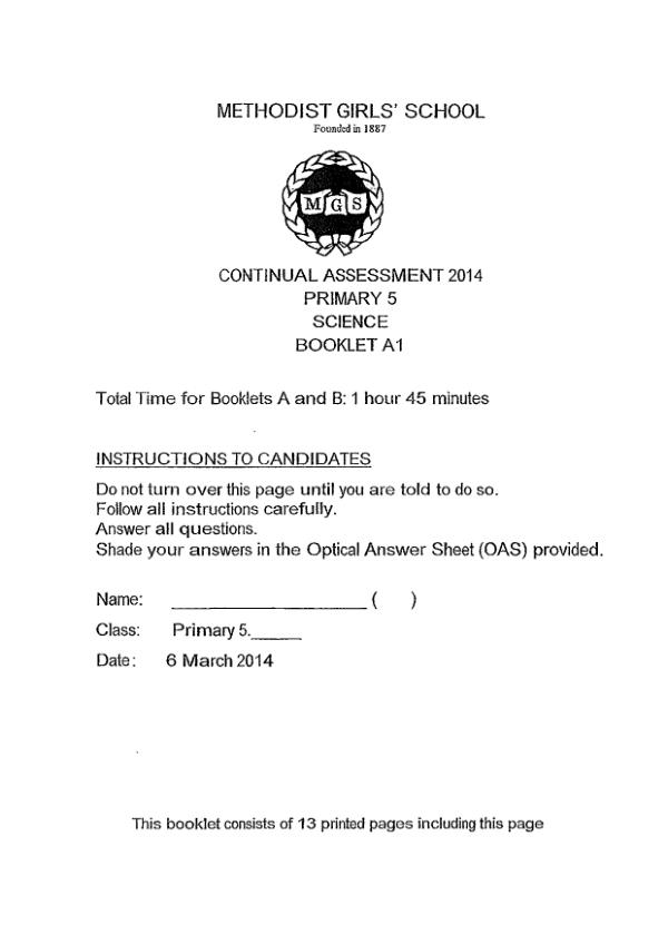 Methodist Girls P5 Sci WA1 2014 exam paper PDF preview