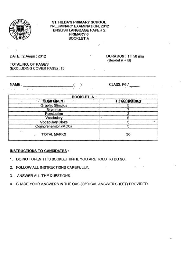 St Hildas P6 Eng SA2 2012 exam paper PDF preview