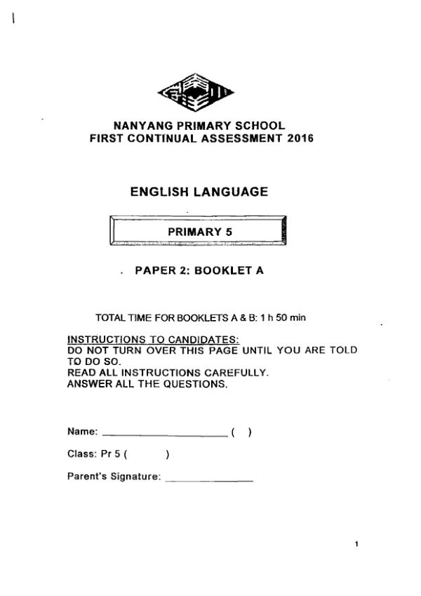 Nanyang P5 Eng WA1 2016 exam paper PDF preview