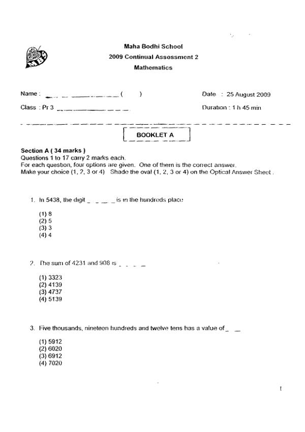 Maha Bodhi P3 Math WA3 2009 exam paper PDF preview