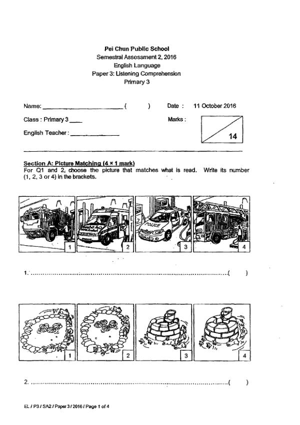 Pei Chun P3 Eng SA2 2016 exam paper PDF first page preview