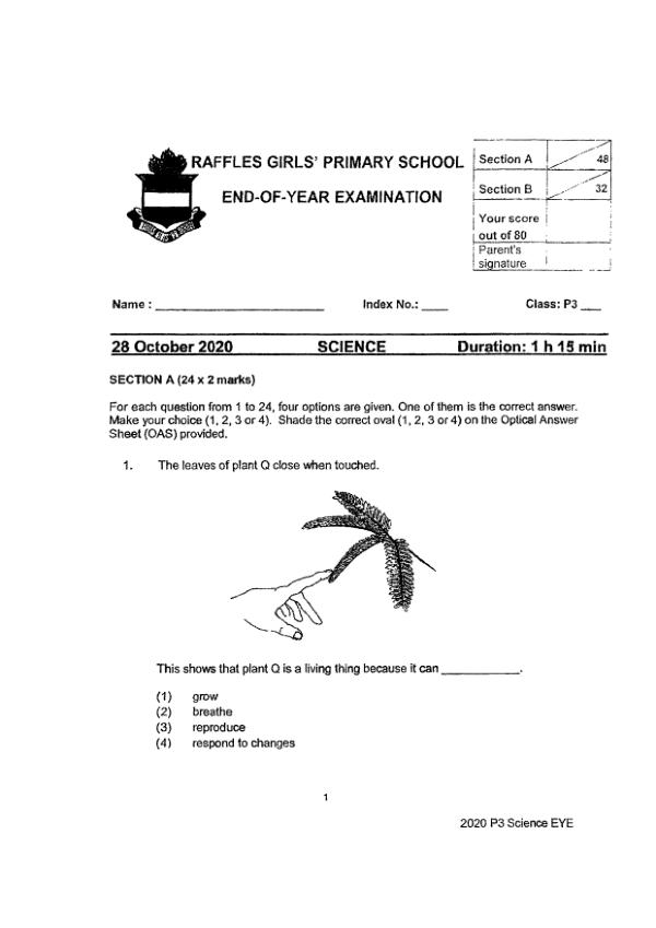 Raffles Girls P3 Sci SA2 2022 exam paper PDF first page preview