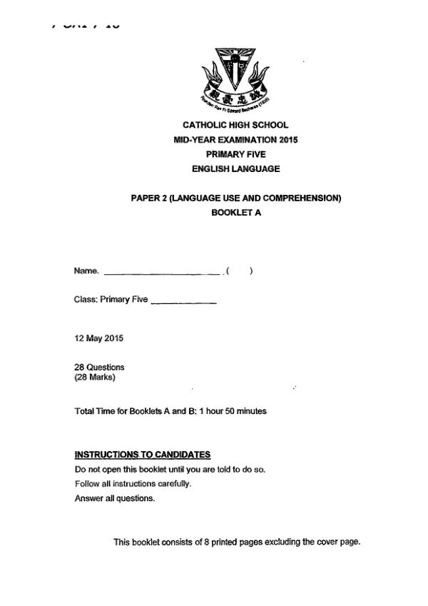 Catholic High P5 Eng WA2 2015 exam paper PDF first page preview