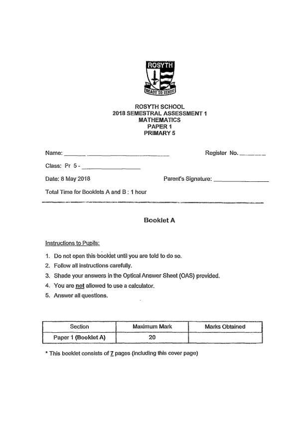 First page preview of P5 Math 2018 WA2 — Rosyth