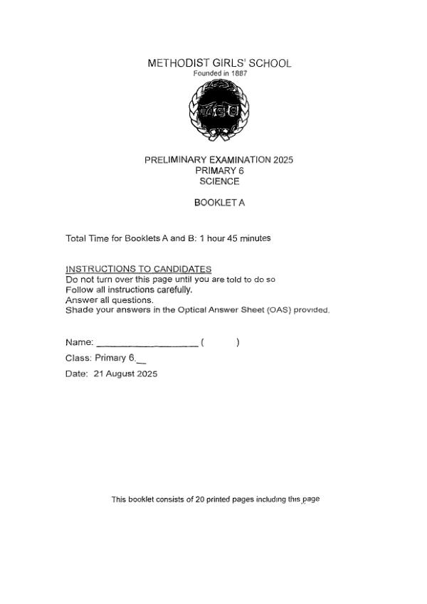 Methodist Girls P6 Sci SA2 2025 exam paper PDF preview