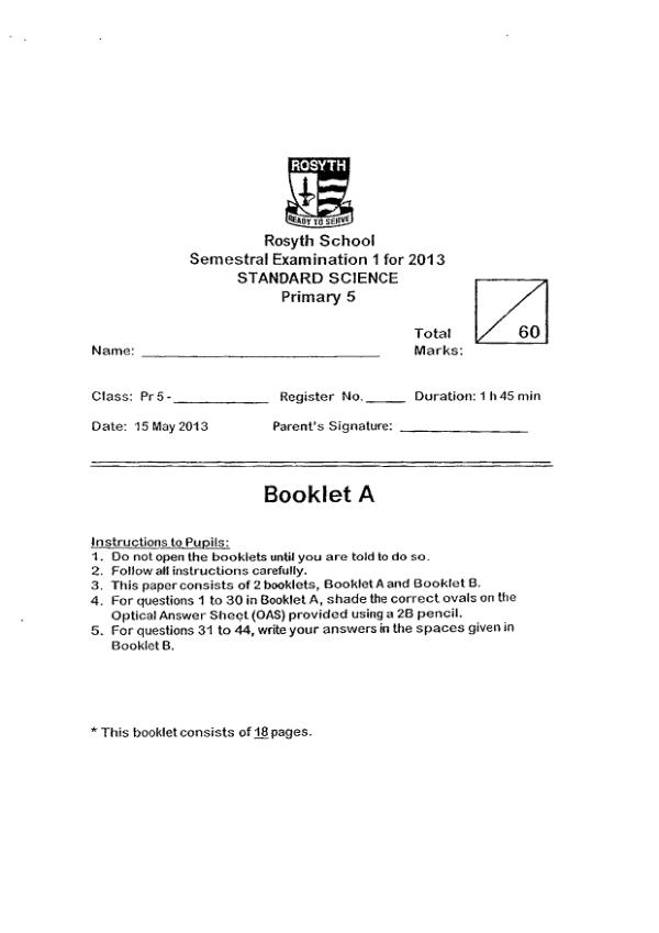 Rosyth P5 Sci WA2 2013 exam paper PDF preview
