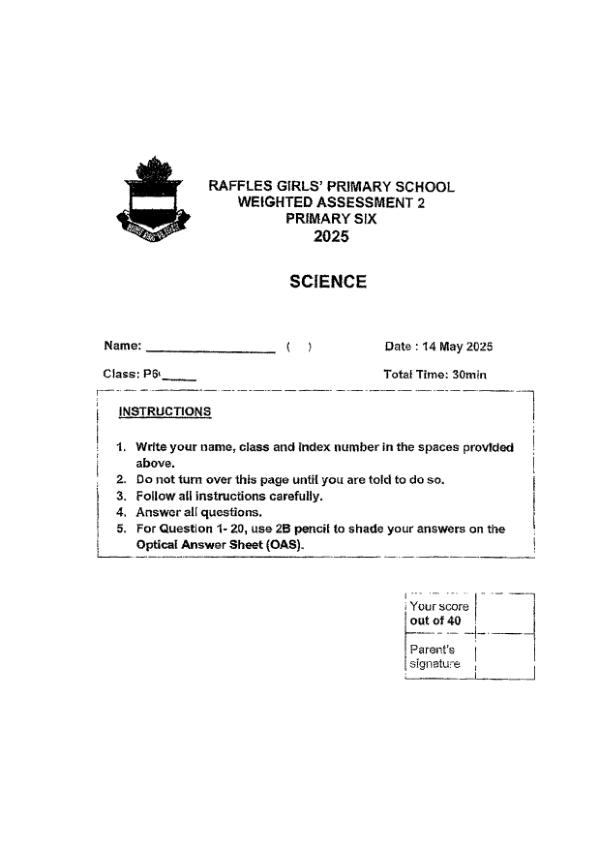 Raffles Girls P6 Sci WA2 2025 exam paper PDF first page preview
