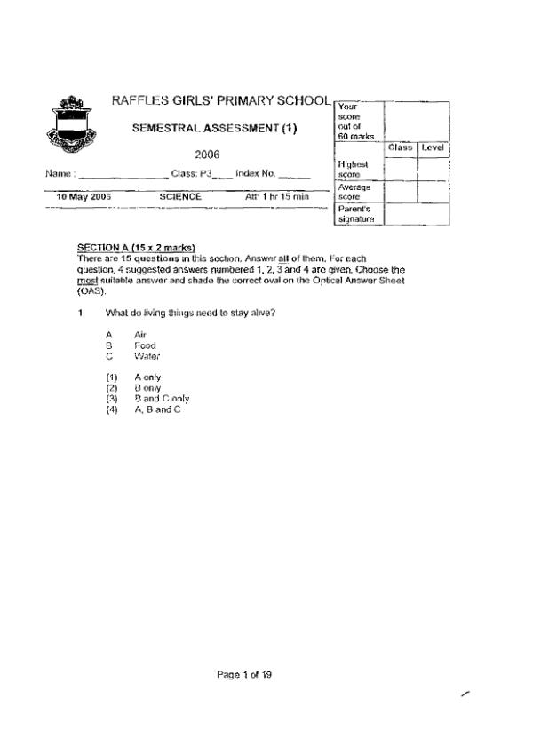 Raffles Girls P3 Sci WA2 2006 exam paper PDF preview