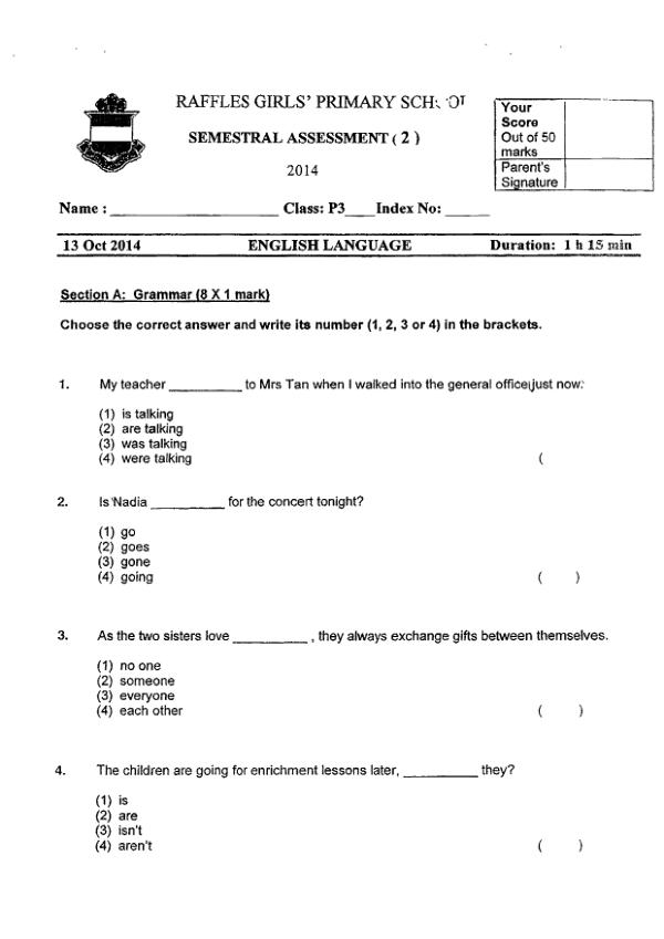 Raffles Girls P3 Eng SA2 2014 exam paper PDF first page preview
