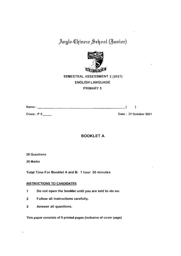 Anglo Chinese P5 Eng SA2 2021 exam paper PDF first page preview