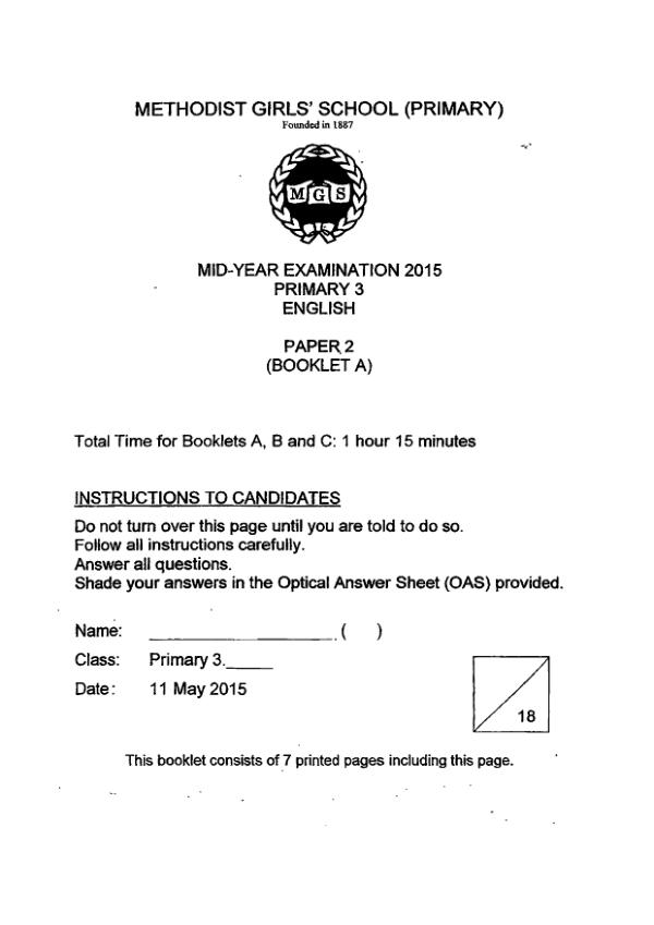 Methodist Girls P3 Eng WA2 2015 exam paper PDF first page preview