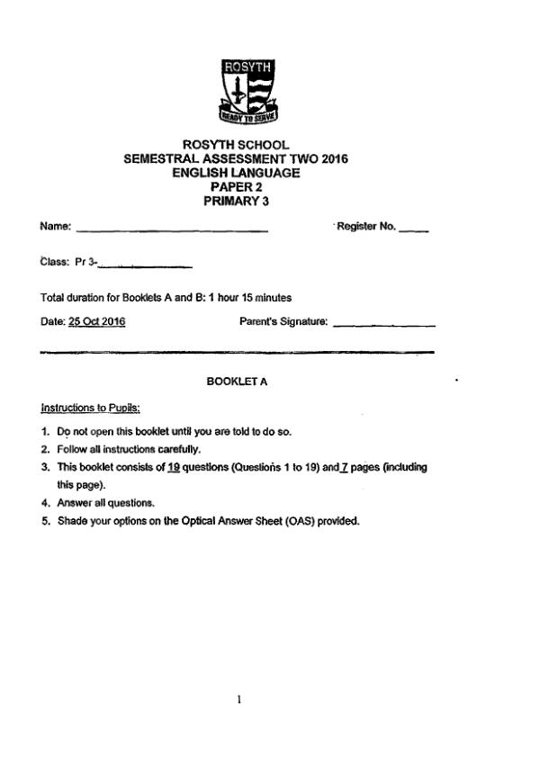Rosyth P3 Eng SA2 2016 exam paper PDF preview
