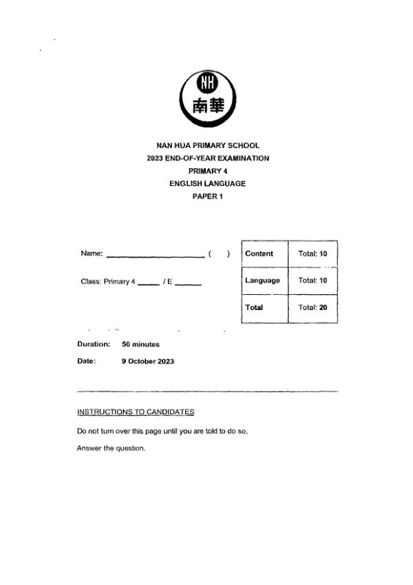 Rosyth P4 Eng SA2 2023 exam paper PDF first page preview
