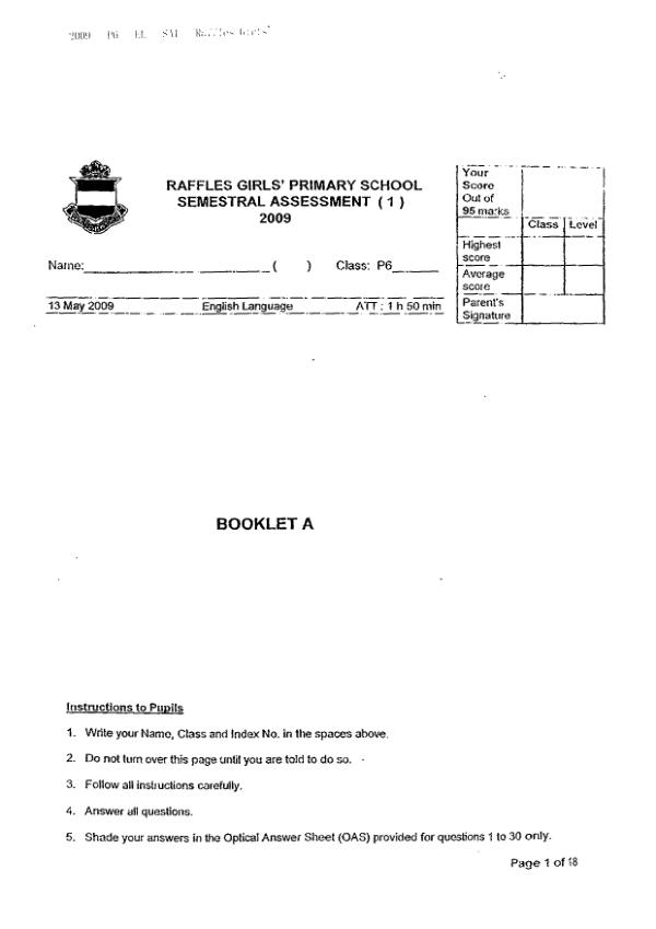 Raffles Girls P6 Eng WA2 2009 exam paper PDF preview