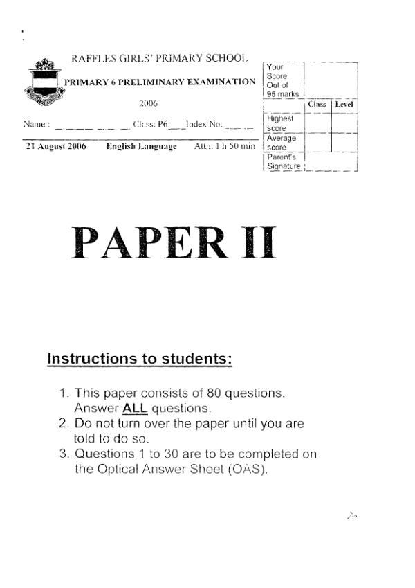 Raffles Girls P6 Eng SA2 2006 exam paper PDF preview