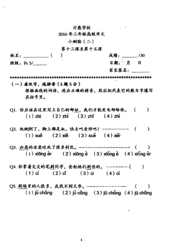 Red Swastika P3 Chi WA1 2016 exam paper PDF preview