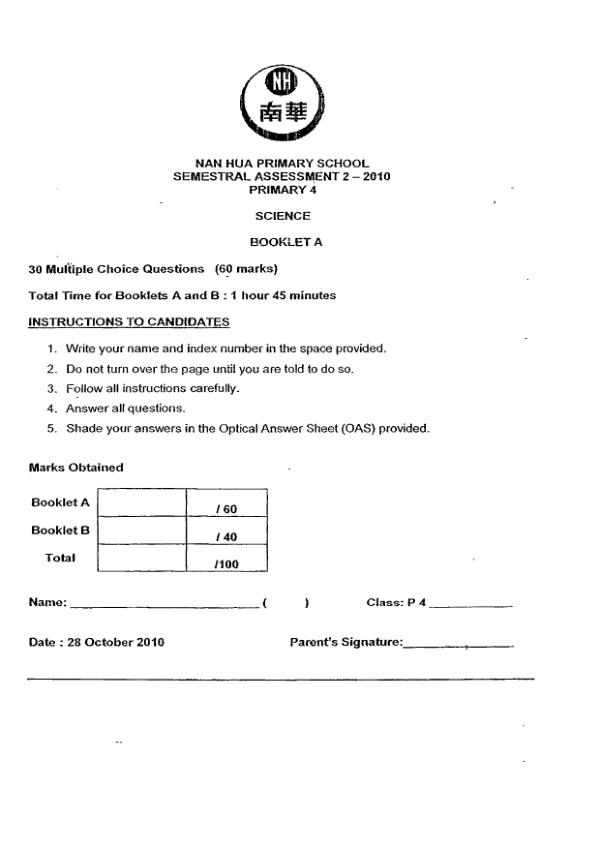 Nan Hua P4 Sci SA2 2010 exam paper PDF preview