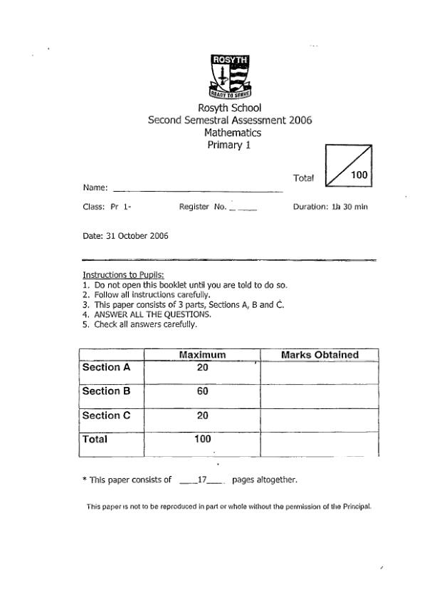Rosyth P1 Math SA2 2006 exam paper PDF first page preview